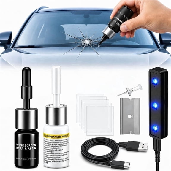 Upgrade windshield fragment and crack repair kit, professional windshield crack repair kit, equipped with Type-C and UV curing lamps, nano automotive glass fragment repair fluid,Transparent