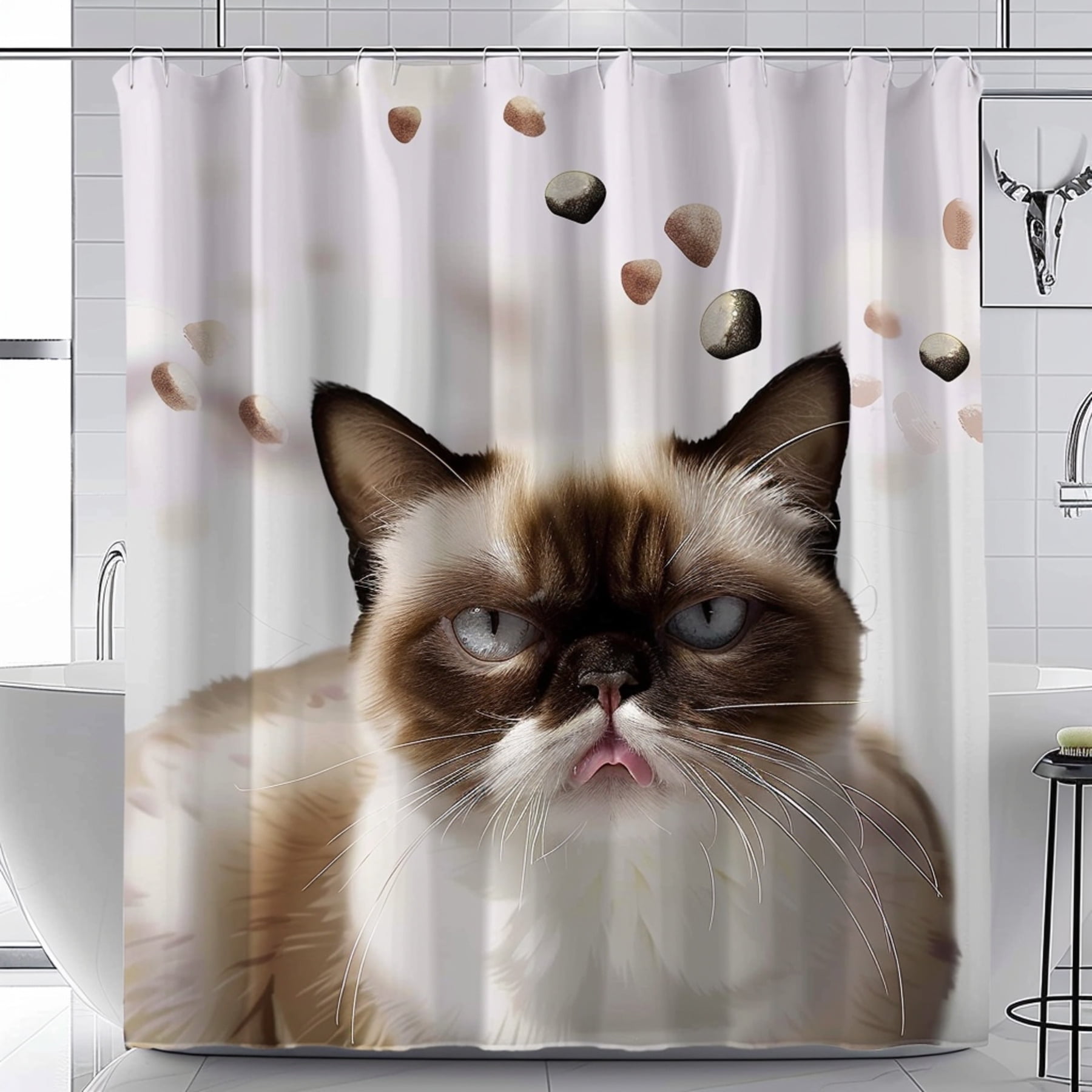 Upgrade your bathroom with our hyperdetailed shower curtain featuring a cute grumpy cat a