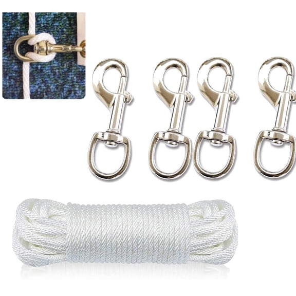 Upgraded 1/4" 50ft Flagpole Rope Kit - Durable, Weather-Resistant Nylon Halyard with 4 Zinc Alloy Clips - Easy Installation, UV Resistant - High Weight Bearing, Anti-Tearing Utility Rope