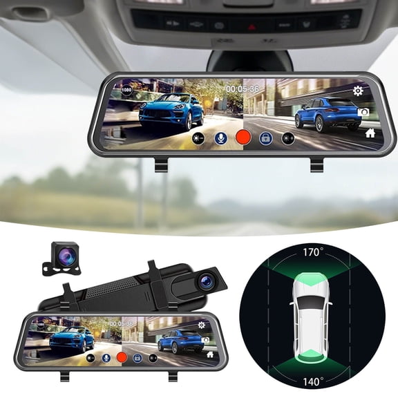Upgraded 10'' Rear View Mirror Camera Mirror Dash Cam Front and Rear 1080P Backup Camera Night Vision Full Touch Screen w Loop Recording 170° Wide Angle