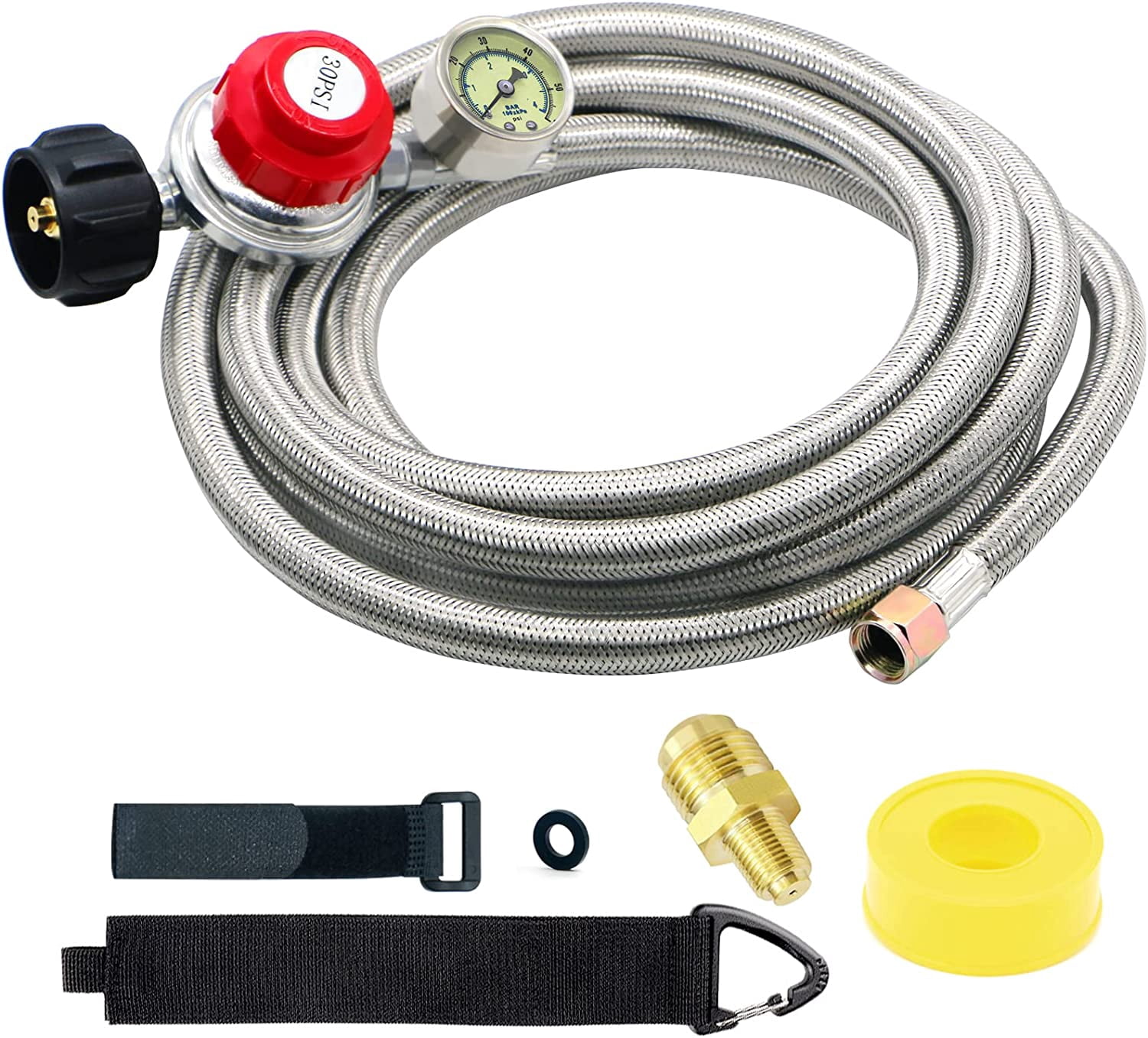 Upgraded 12 FT 0-30 PSI High Pressure Adjustable Propane Regulator with Gauge 0~60PSI Gas Flow Indicator, QCC1 x 3/8" Female Flare Fitting with 3/8 Flare x 1/8 MNPT, Stainless Braided Propane Hose