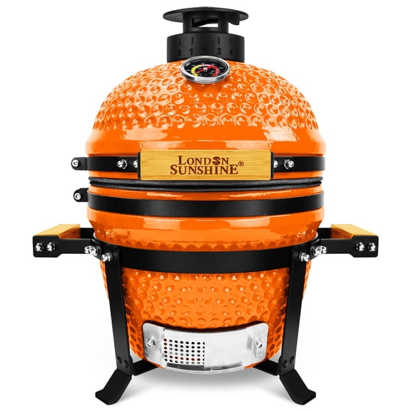 Upgraded 13 inch Ceramic Kamado Grill with Waterproof Air Vent Cap | Portable Tabletop Charcoal BBQ Grill Smoker for Outdoor Cooking, Patio, Camping | Orange