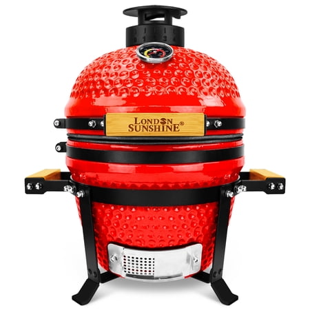 Upgraded 13 inch Ceramic Kamado Grill with Waterproof Air Vent Cap | Portable Tabletop Charcoal BBQ Grill Smoker for Outdoor Cooking, Patio, Camping | Red