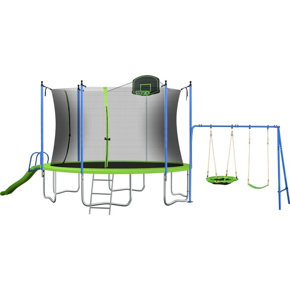 Upgraded 14FT Trampoline with Slide & Swings, 1.4MM Thickened Recreational Trampoline for Adults & Kids, Reinforced Type Outdoor Trampoline with Basketball Hoop and Ladder