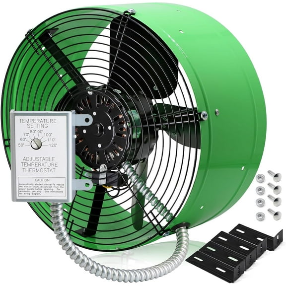 Upgraded 15 Inch Gable Vent Fan, 1650CFM 2500 SQF Low Noise Attic Exhaust Fan with Adjustable Thermostat, 14 Inch Fan Blade and Permanently Lubricated Motor, 1075RPM Gable Mount Fan, Green
