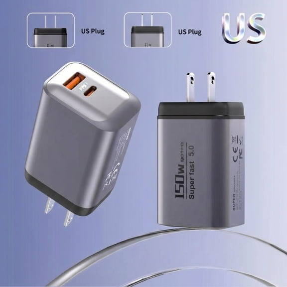 Upgraded 150W Travel Charger with PD & QC3.0 Dual USB Ports, Super Fast Charging Adapter for Small Electronic Devices