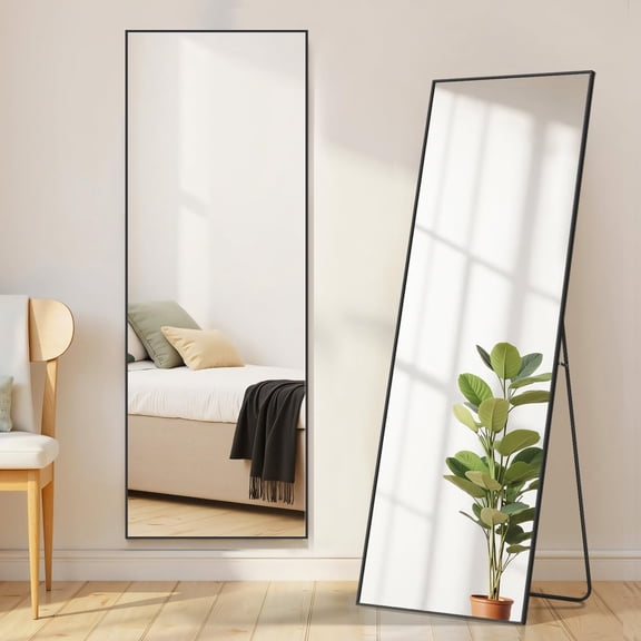 Upgraded 16x59 Inch Full Length Mirror Shatter Proof Glass Floor Standing Hanging or Leaning Tall Mirror with Stand Aluminum Alloy Frame for Bedroom Cloakroom Black
