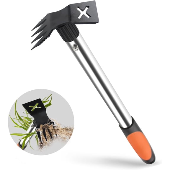 Upgraded 17" Weed Puller Tool, Portable Garden Weed Pulling Tool for Weeding Uprooting Planting, 2 in 1 Hoe & 4 Teeth Rake Manual Weeder, Durable Weed Remover Gardening Hand Tools for Yard Lawn Farm
