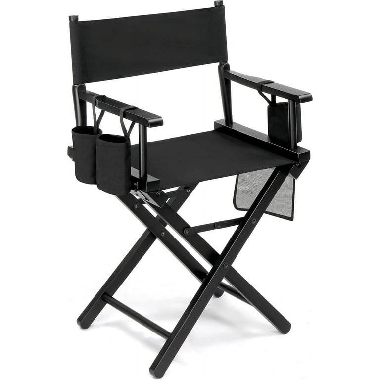 Upgraded 18 Height Tall Director Chair Folding Artist Makeup with Replacement Cover Black Canvas Storage Side Bags Portable Footrest Support 250