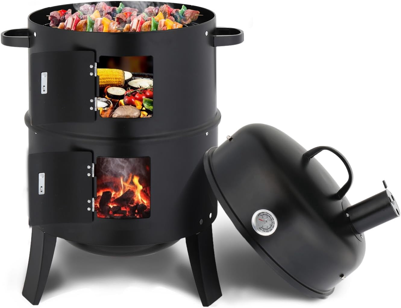 Upgraded 18 Inch Multi-Layer Charcoal Smoker Grill with Chimney, Heavy Duty Round Grill, Vertical Smoker with Thermometer, for Outdoor Cooking, Patio, Parties, Backyard BBQ