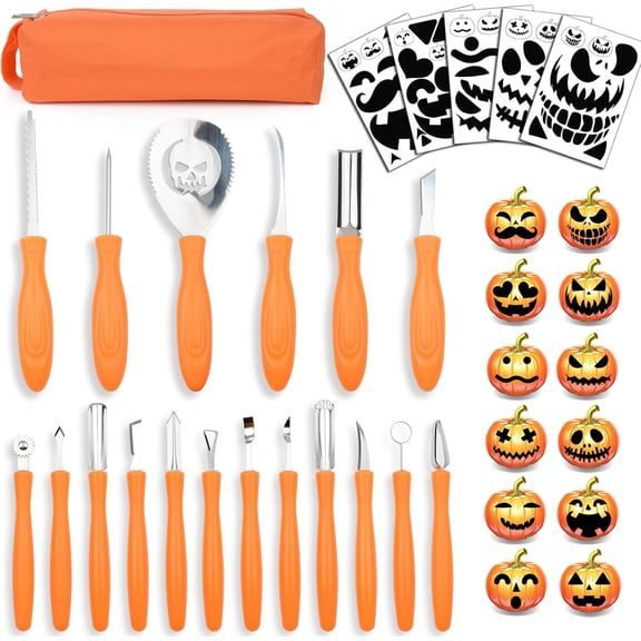 Upgraded 18 PCS Pumpkin Carving Kit Halloween Professional Heavy Duty Punkin Carver Knives and Tools with Carrying Case for Adults & Kids with Professional Sculpting Set