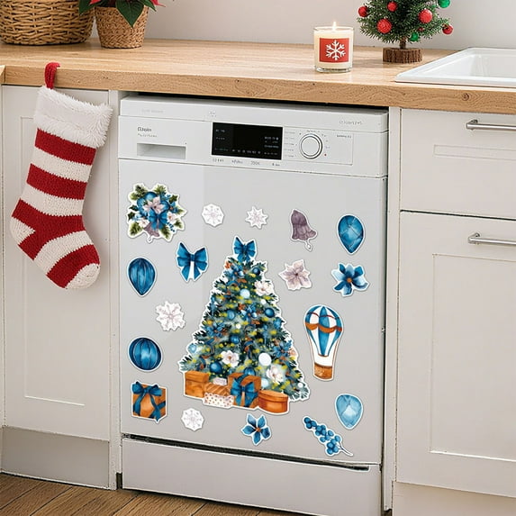Upgraded 18 Piece Blue Christmas Magnetic Refrigerator Dishwasher Decor Holiday Kitchen Magnets Winter Themed Refrigerator Stickers Set