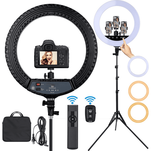 Upgraded 18 inch LED Ring Light with Tripod Stand, Selfie Ring Light with Touch Panel for Makeup Studio Portrait YouTube Vlog Video Shooting with Carrying Bag and Remote Controller, CRI>90