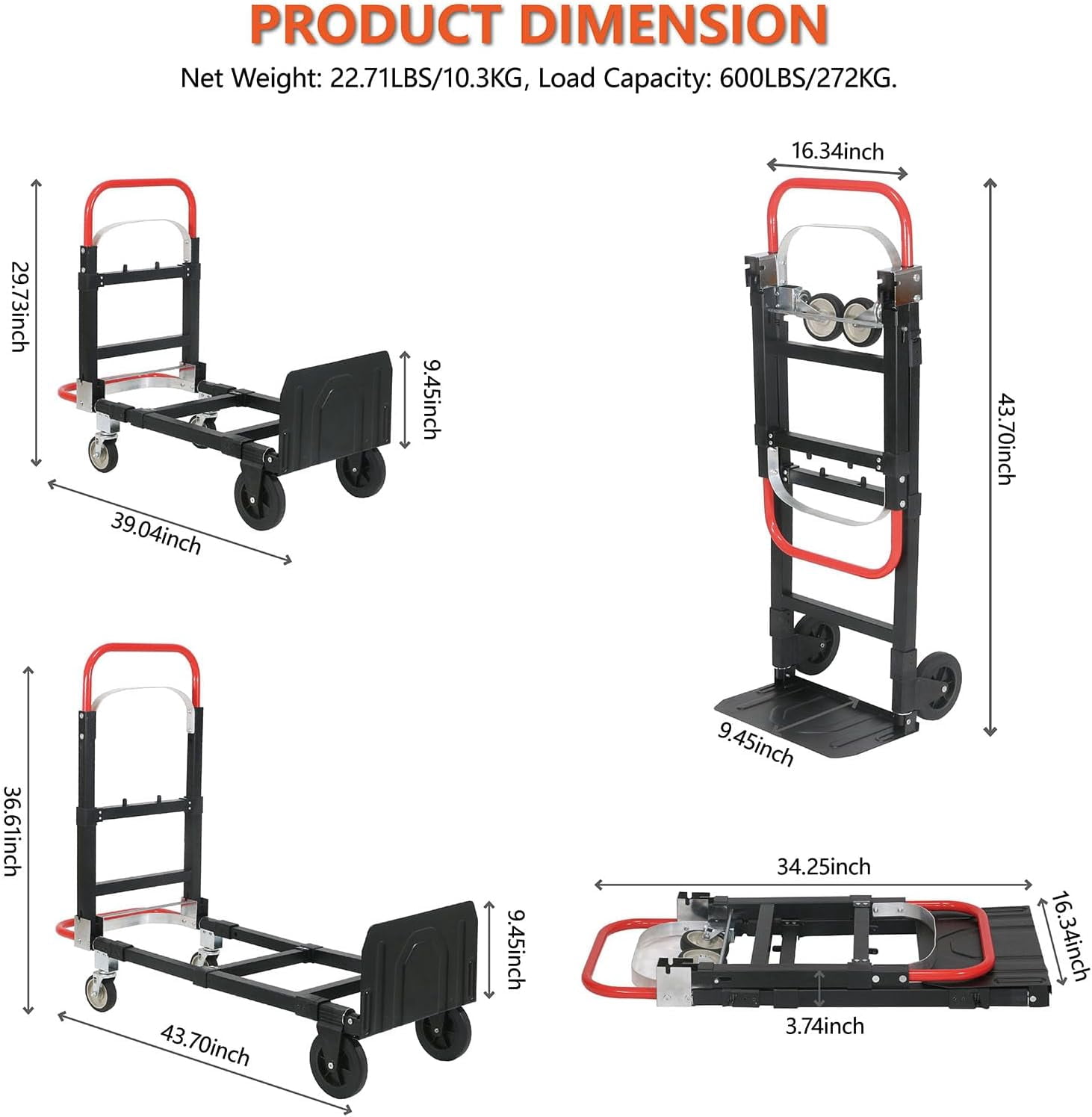 Upgraded 2-in-1 Convertible Hand Truck Dolly 600lbs Capacity Aluminum Folding Cart with Rubber Wheels for Home Warehouse Supermarket Office Transport Moving