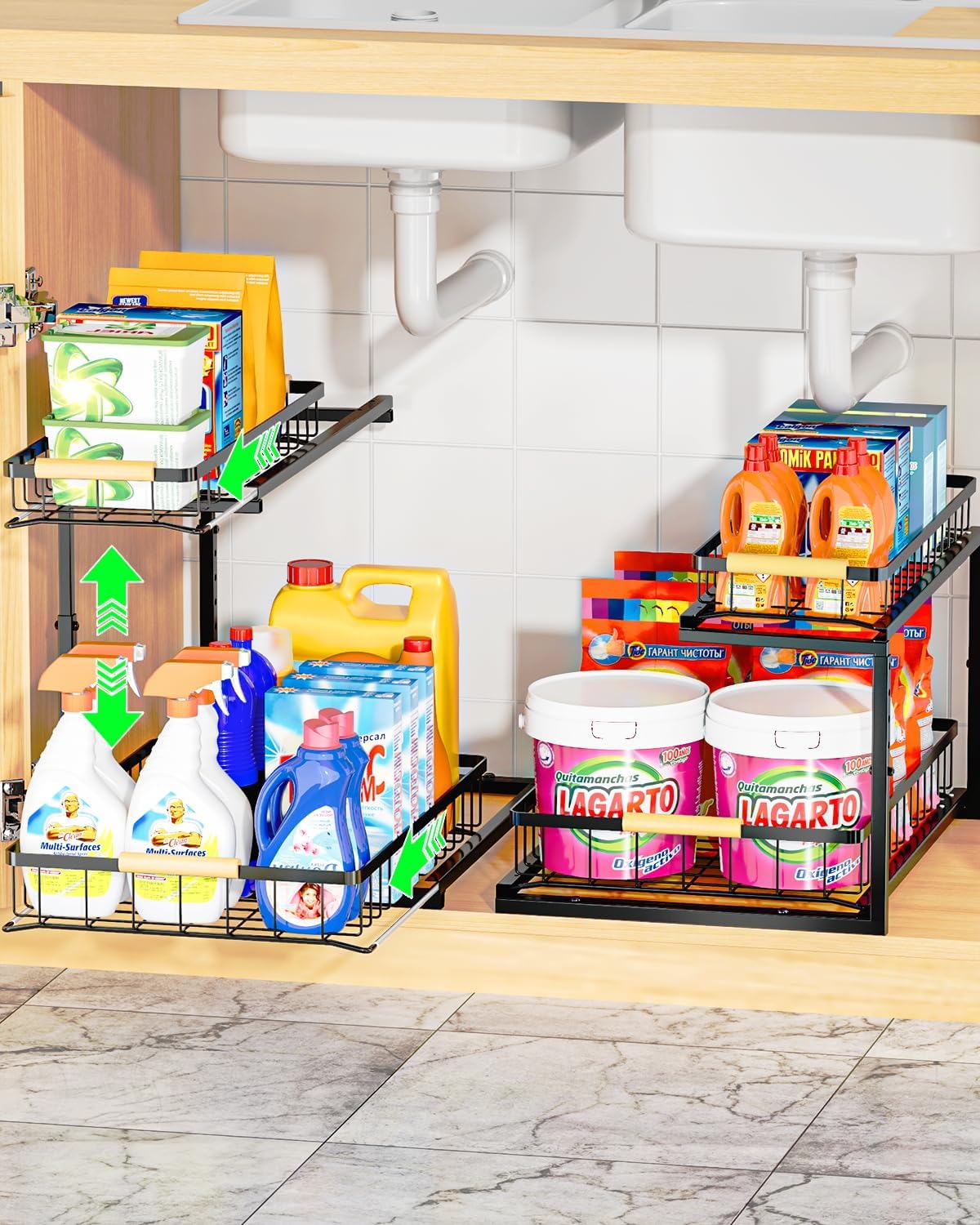 Upgraded 2 Pack Narrow Under Sink Organizer, Height Adjustable 2Tier