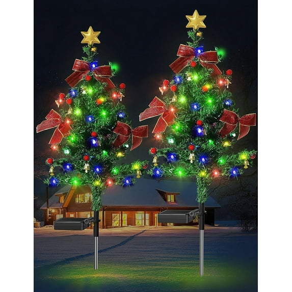Upgraded 2 Pack Solar Christmas Garden Stake Lights, Decorative Xmas Tree Solar Christmas Yard Stake Outdoor Waterproof Christmas Pathway Lights for Christmas Decoration Garden Patio Yard