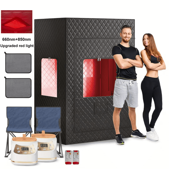 Upgraded 2 Person Sauna Box, Portable Infrared Sauna with 5-Layer Waterproof, 2 Steamers, 2 Folding Chair, 71x 36x 49 for Indoor, Outdoor, Gym, Spa, Carbon Black