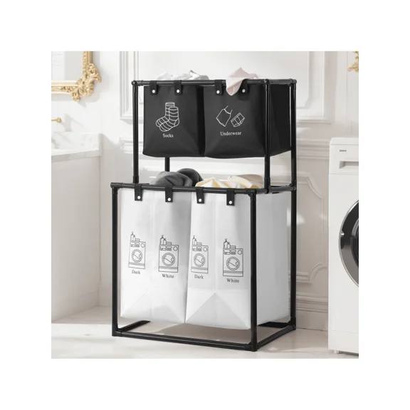 Upgraded 2-Tier Divided Laundry Hamper - 4 Removable Wear-Resistant Waterproof Canvas Bags (Wheeled Easy-Assemble Organizer for Family Clothes/Bedding/Toy Storage)