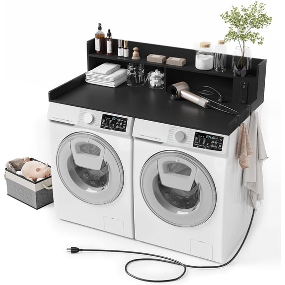 Upgraded 2-Tier Washer and Dryer Countertop with Power Outlet,54" W x 27.6" D Large Laundry Countertop for Fold Clothes, Laundry Topper with Non-Slip Pads & Metal Hooks and Storage Basket