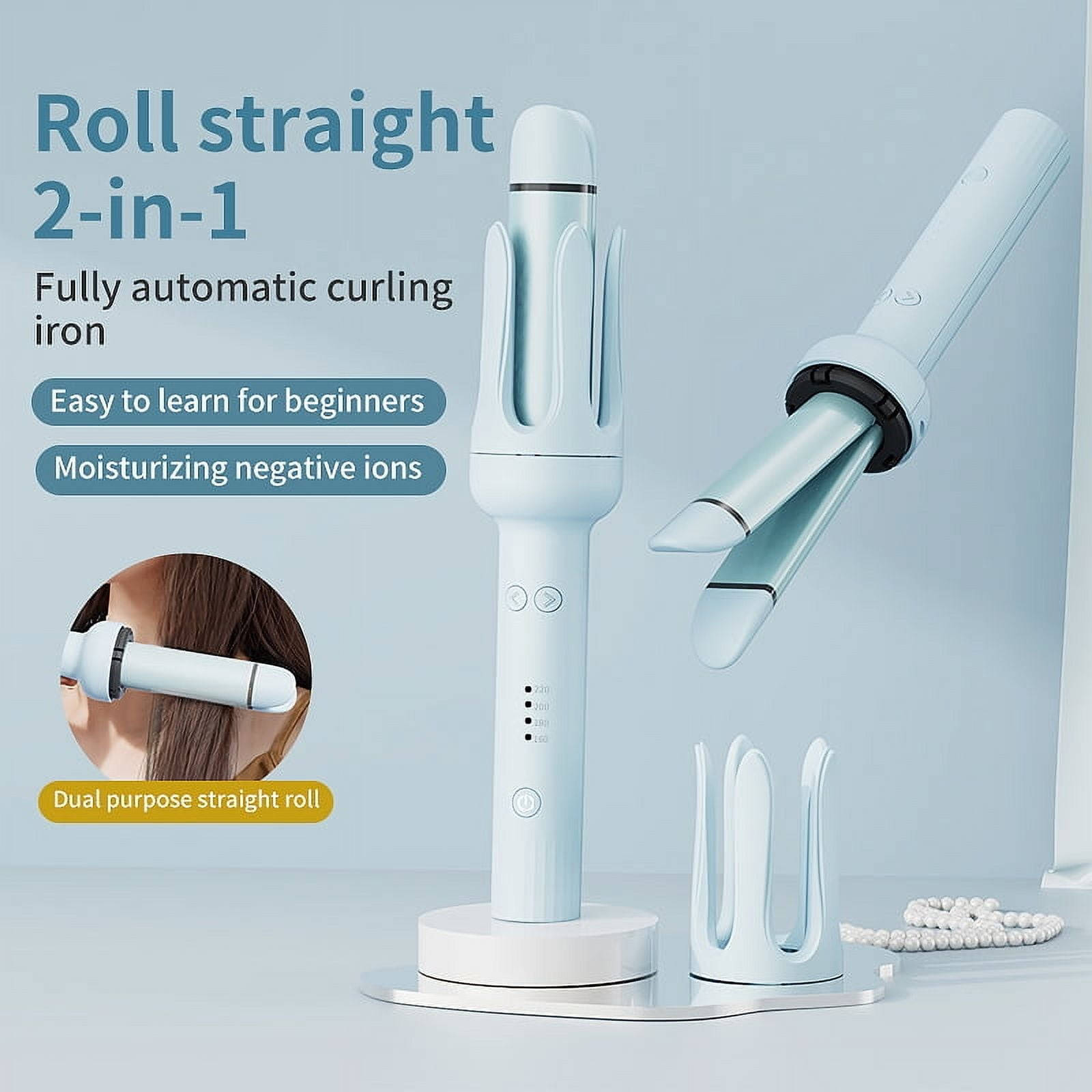 Upgraded 2-in-1 Hair Curler & Flat Iron, One-Key Automatic Curler with 32mm Barrel, Left & Right Curling Wand, 4 Temperature Modes, Negative Ion Generator, Intelligent Timer & Auto Shut-Off