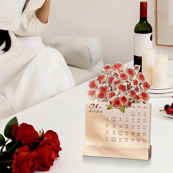 Upgraded 2026 Exquisite Rose Illustration Calendar Cute And High Value Desktop Ornament Countdown Calendar For Office And Home H