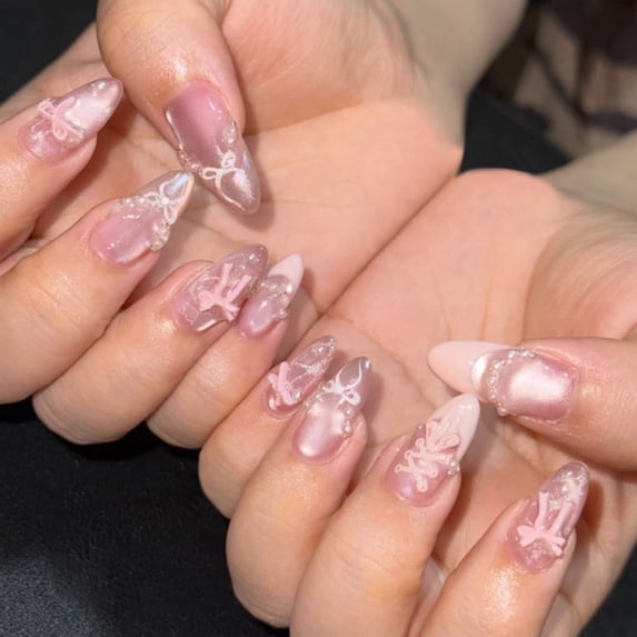 Upgraded 2026 Sweet Bow French Manicure Nail Tips Eye Glitter Nail Tips