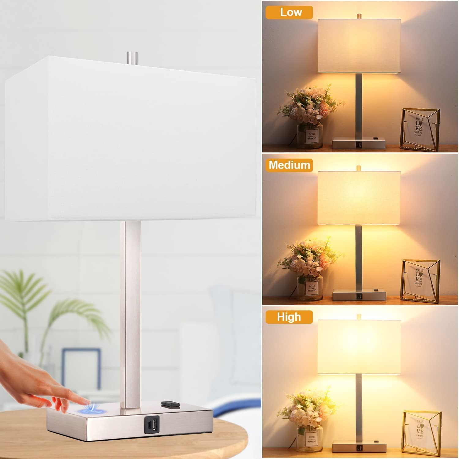 【Upgraded】Bedside Table Lamp Touch Control, with USB C+A Charging Ports &  Dual AC Outlets, 3-Way Nightstand Lamp for Bedroom with LampShade Living