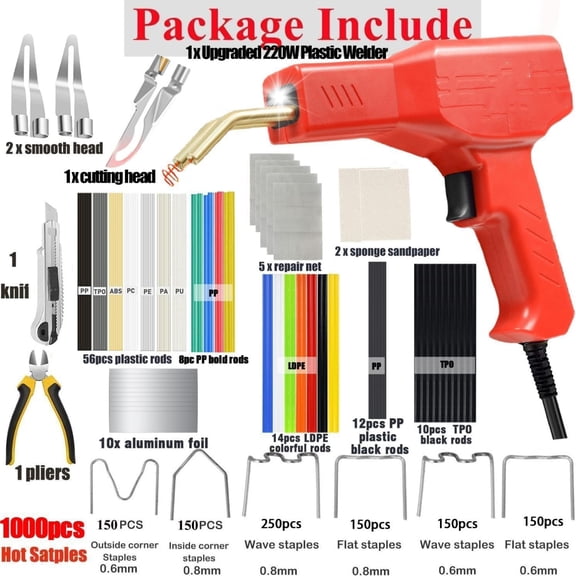 Upgraded 220W Plastic Welder, 2 in 1 Plastic Welding Kit Plastic Repair Welder Kit 1000PCS Hot Stapler Soldering Gun with 100PCS Plastic Welding Rods Car Bumper Repair Kit for Most Plastic Repair