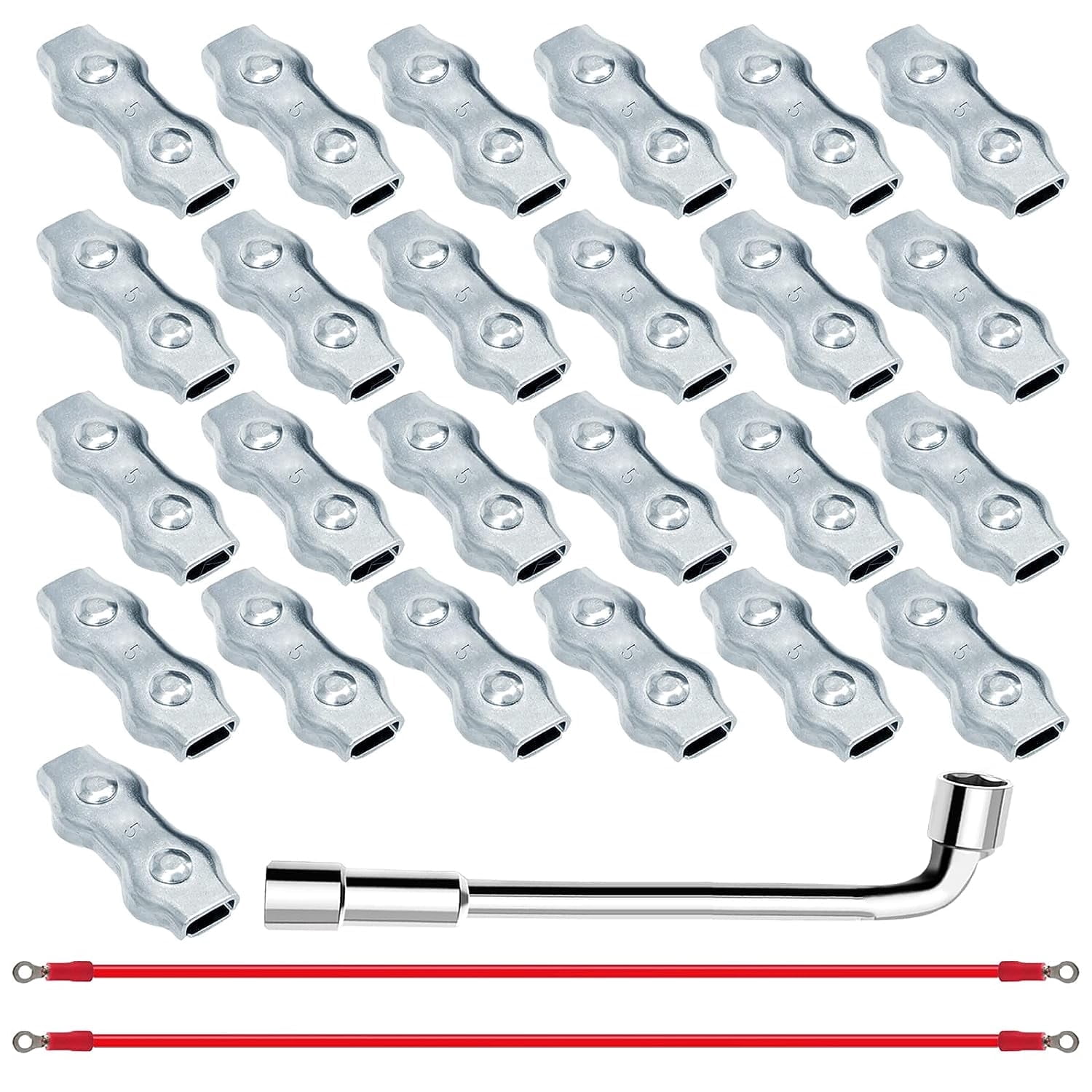 Upgraded 25 PCS M5 Poly Rope Connector Wires Splicer Galvanized Steel Connector Kit for Electric Fences + 3 PCS Polyrope to Polyrope Connector Silicone Copper Conductive Wires + Sleeve Tool