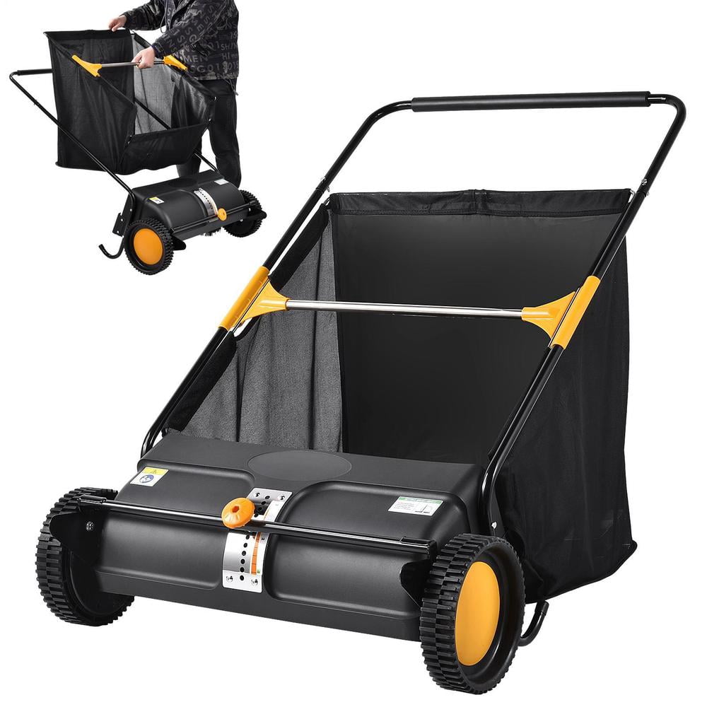 Upgraded 26 Inch Push Lawn Sweeper | Spinnings Brushes & Adjustable Height for Deep Cleaning | Large Bag for Leaves, Grass, Debris on Lawns & Driveways (26 Inch,Black)