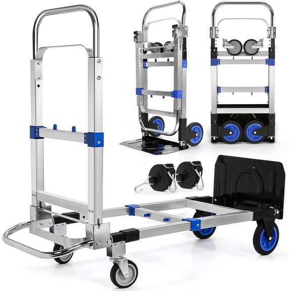 Upgraded 3 in 1 Aluminum Folding Hand Truck, 600 lbs Convertible Heavy Duty Dolly Cart, Collapsible Hand Trucks with 4 Rubber Wheels and Retractable Handle for Home, Warehouse, Supermarket (Blue)