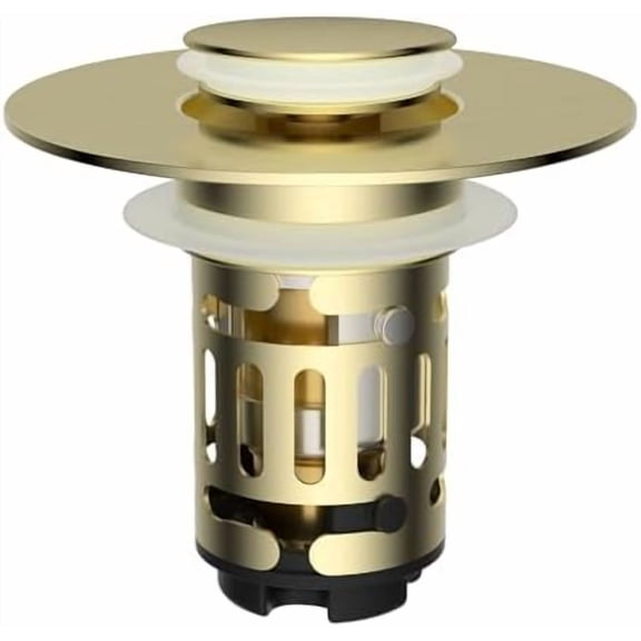 Upgraded 3 in 1 Bathroom Sink Drain Strainer, Universal Pop Up Stopper with Removable Stainless Steel Filter Basket Hair Catcher, Sink Plug for 1.1''~2.36'' Basin, Brass Core, Brushed Gold