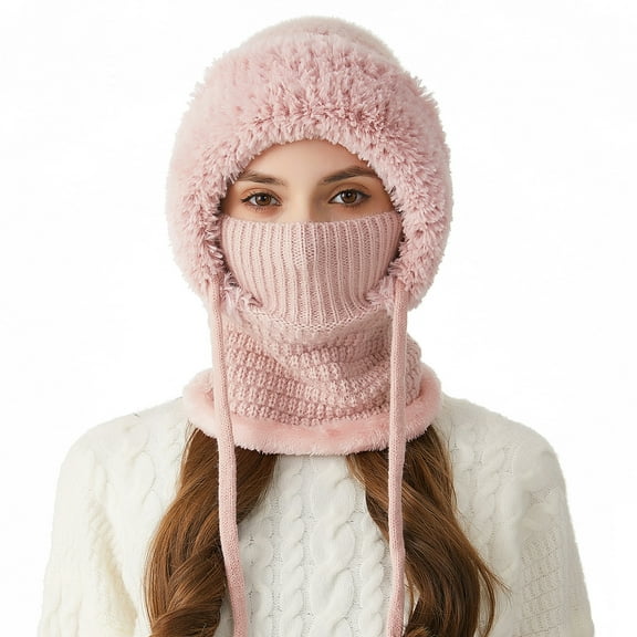 Upgraded 3 In 1 Beanie Hat with Scarf and Mask,Fleece Lined Windproof Balaclava,Knitted Heated Hat for Women with Ear Muffs,Soft Skin-Friendly Fleece Trim & Adjustable Drawstring-Pink