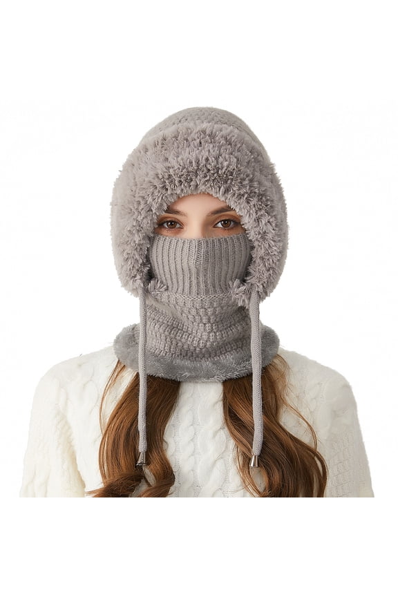 Upgraded 3 In 1 Beanie Hat with Scarf and Mask,Fleece Lined Windproof Balaclava,Knitted Heated Hat for Women with Ear Muffs,Soft Skin-Friendly Fleece Trim & Adjustable Drawstring-Gray