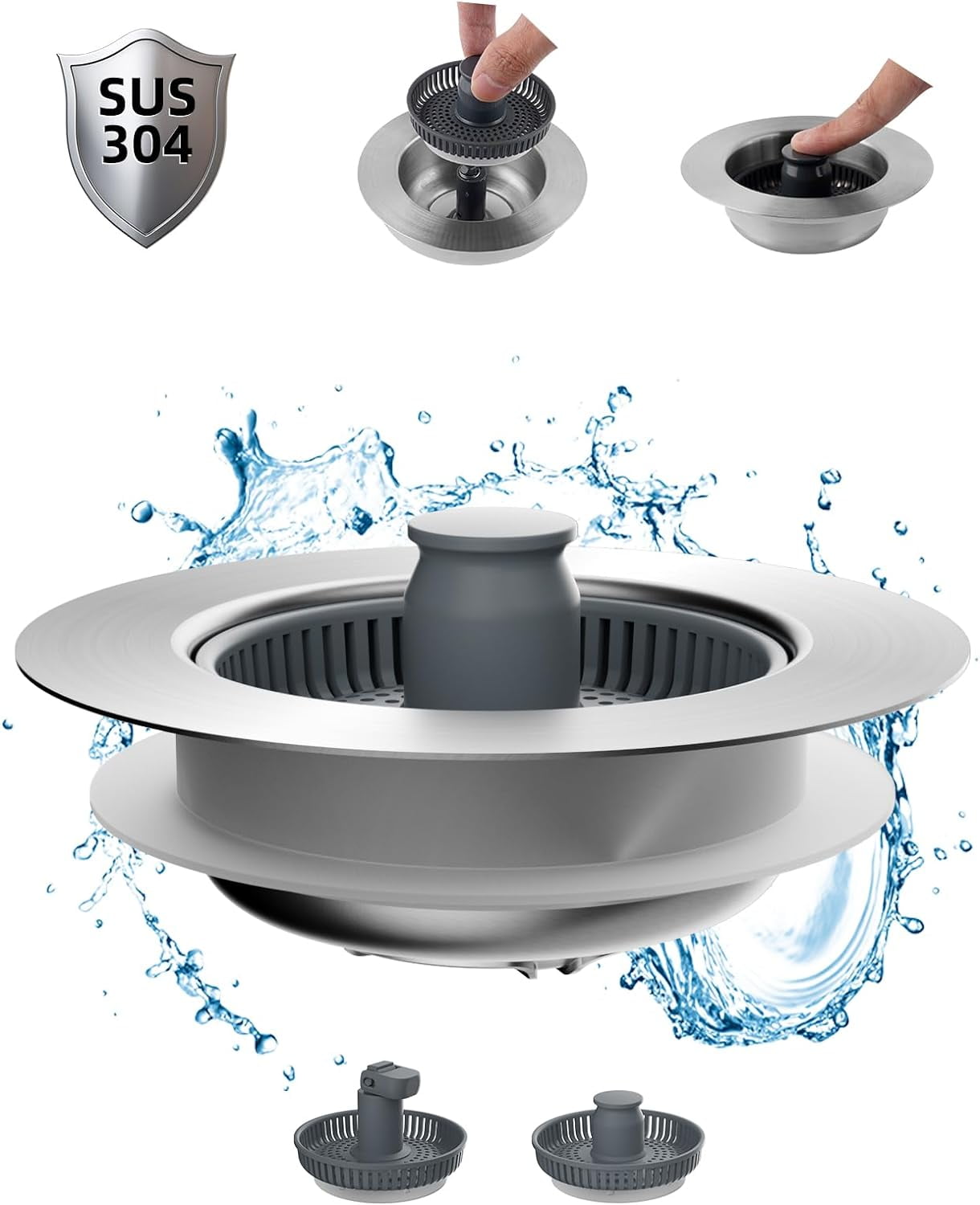 Upgraded 3 in 1 Kitchen Sink Drain Strainer and Stopper Combo, Stainless Steel Metal Pop Up Sink Stopper, 3 Anti-Clogging Basket Strainer with Handle for US Standard 3-1/2 Inch Drain