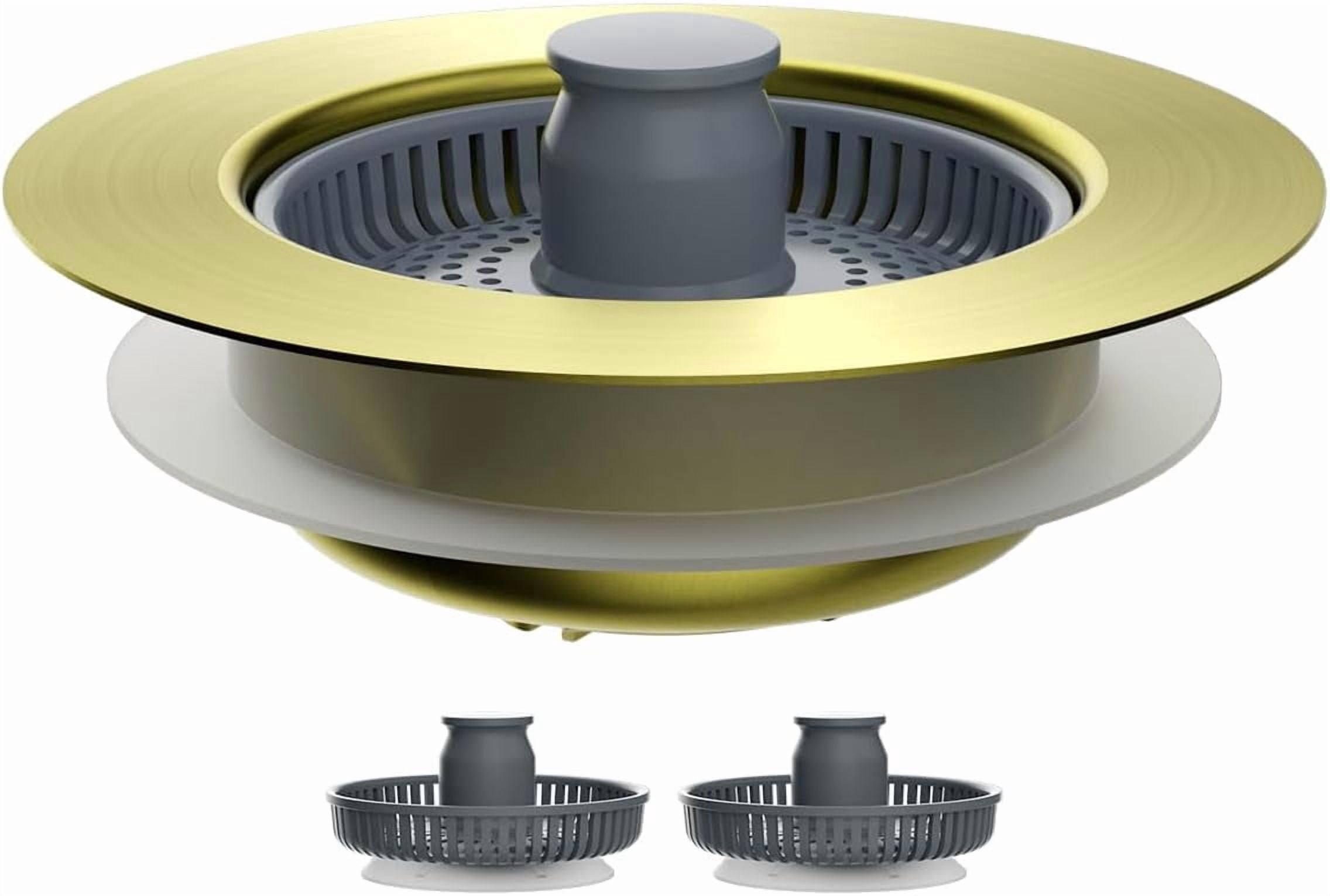 Upgraded 3 in 1 Kitchen Sink Drain Strainer and Stopper Combo, Stainless Steel Metal Pop Up Sink Stopper, 3 Anti-Clogging Basket Strainers for US Standard 3-1/2 Inch Drain, Brushed Gold