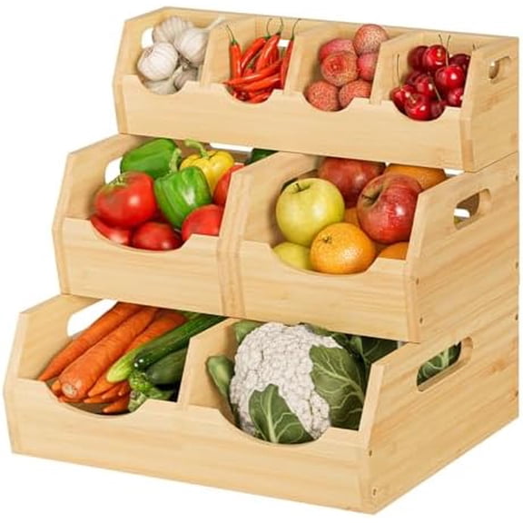Upgraded 3 Tier Bamboo Pantry Storage Bins - Stackable Potato and Onion Storage Bin, Storage Baskets Airflow Vent Vegetable and Fruit Organizer with Handle, for Kitchen, Livingroom,Bathroom
