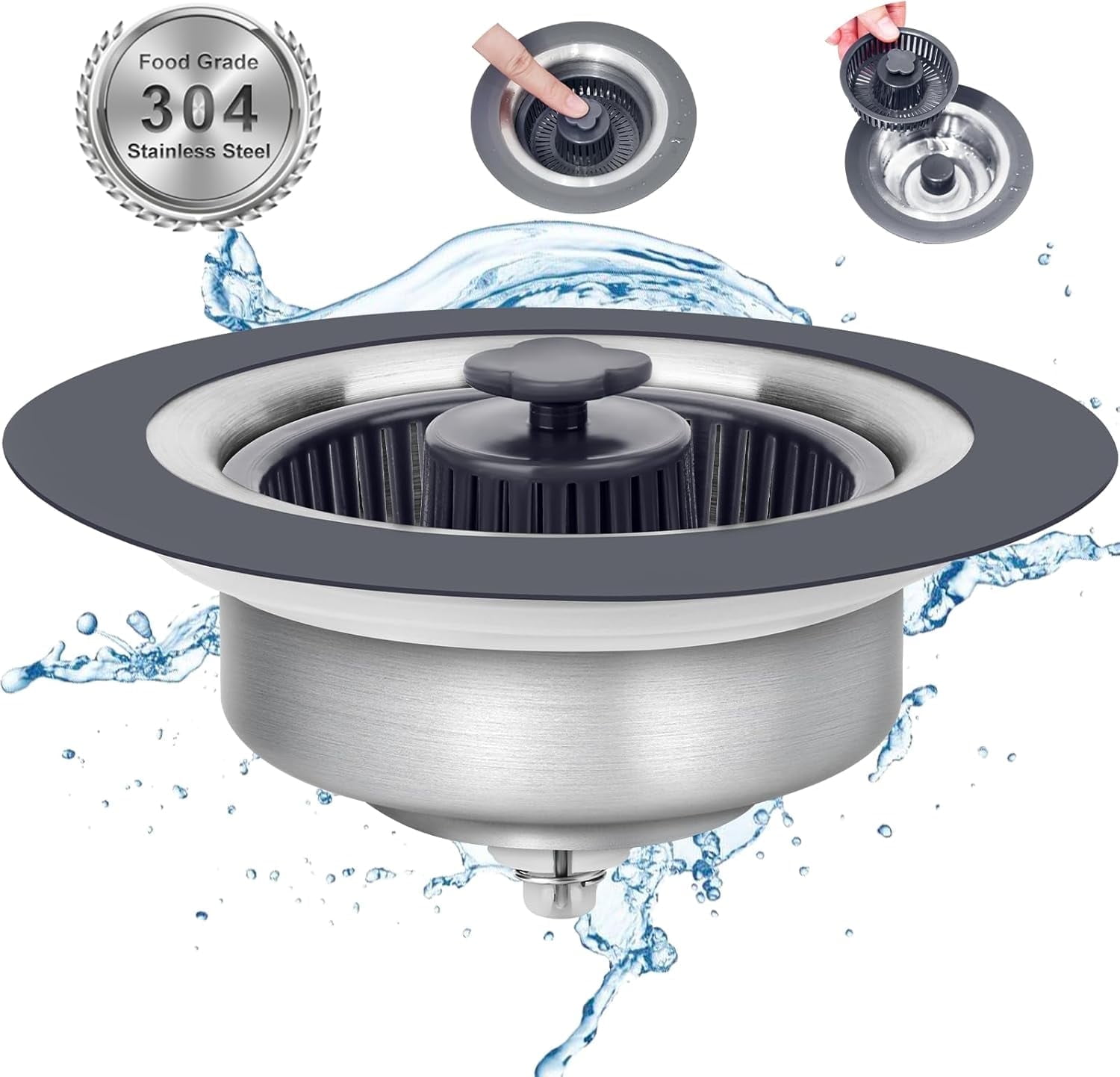 3-in-1 Kitchen Sink Drain Strainer & Stopper - 304 Stainless Steel, Fits Standard 3.5 Inch Drains