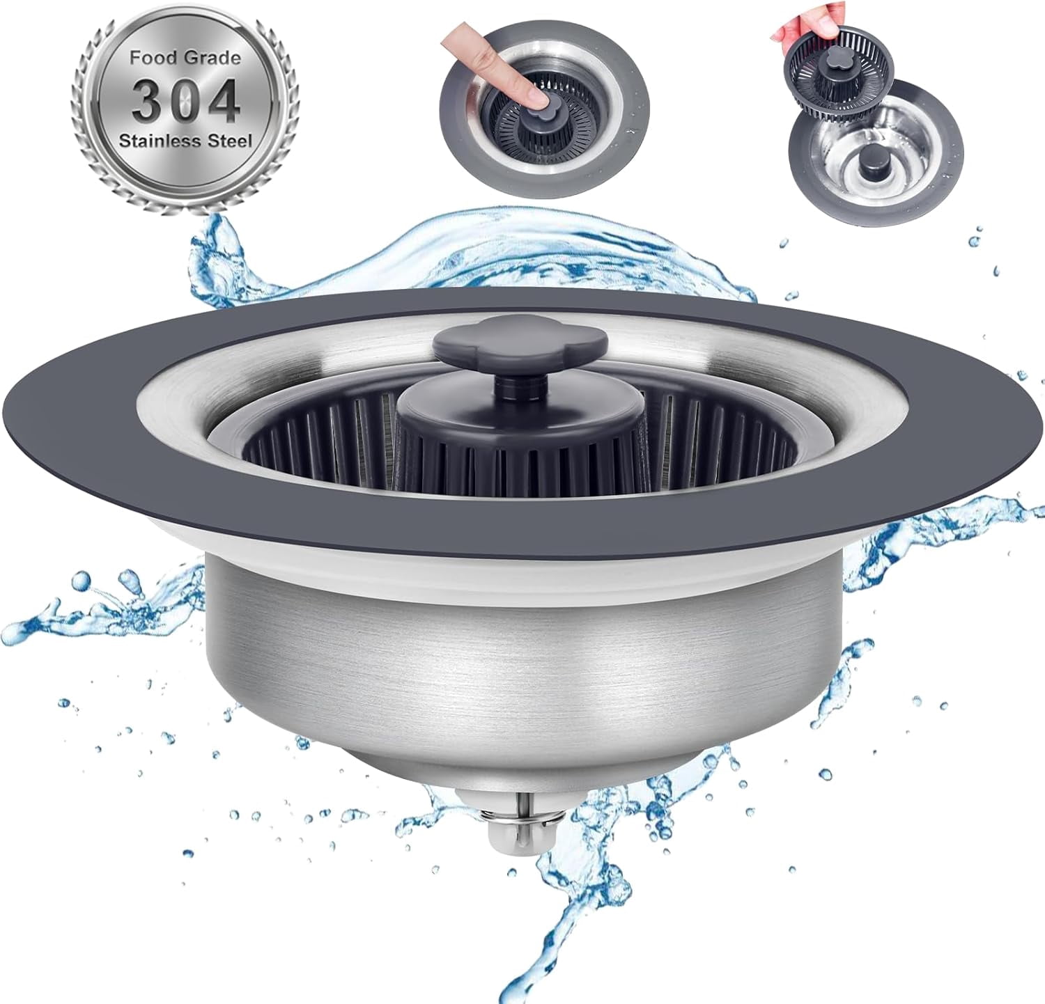 Upgraded 3 in 1 Kitchen Sink Drain Strainer -304 Stainless Steel Pop-up Kitchen Drain Stopper  for US Standard 3 1/2 inch Drain（1PACK）