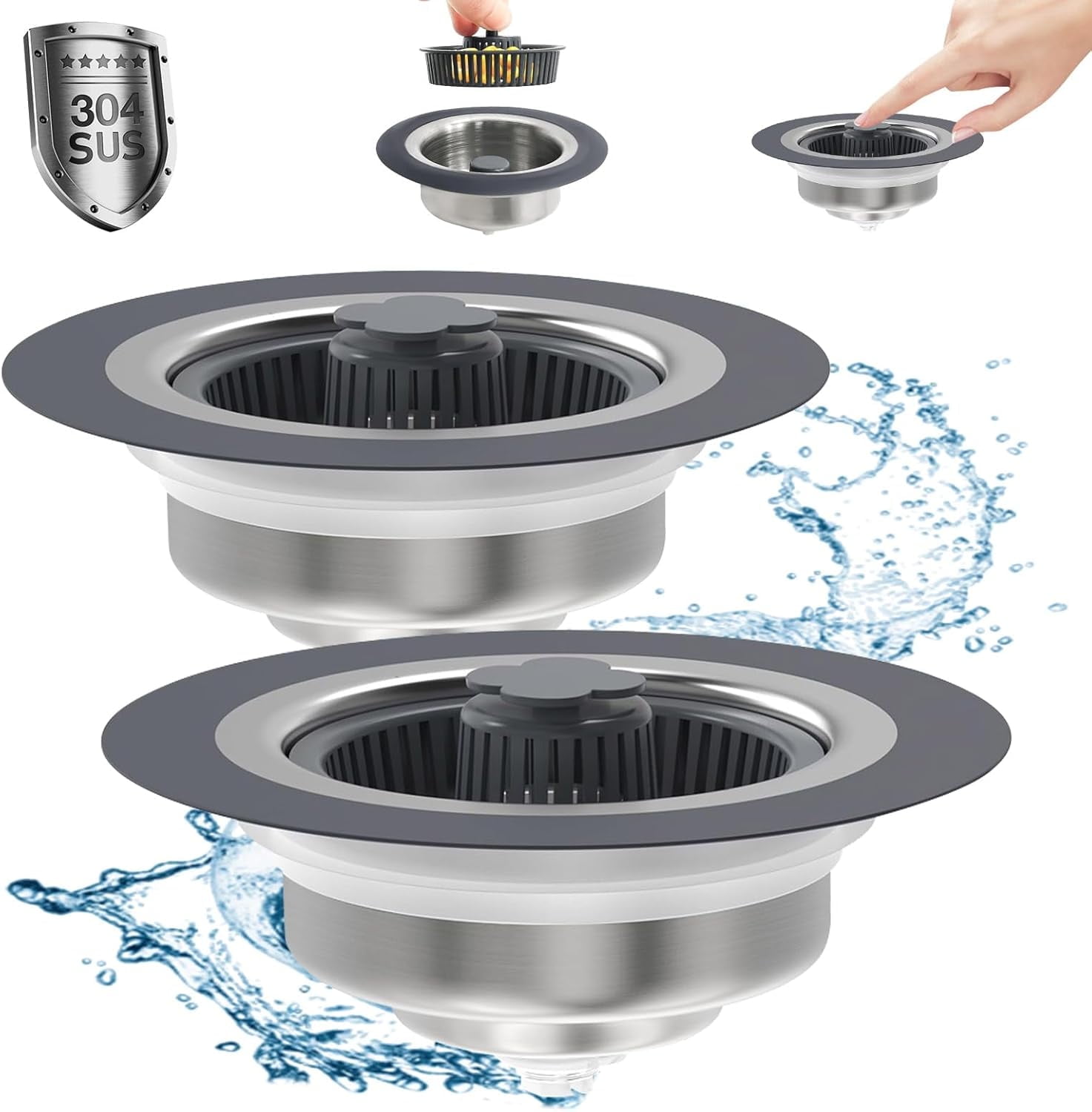 Upgraded 3 in 1 Kitchen Sink Drain Strainer & Stopper Kit, SUS304