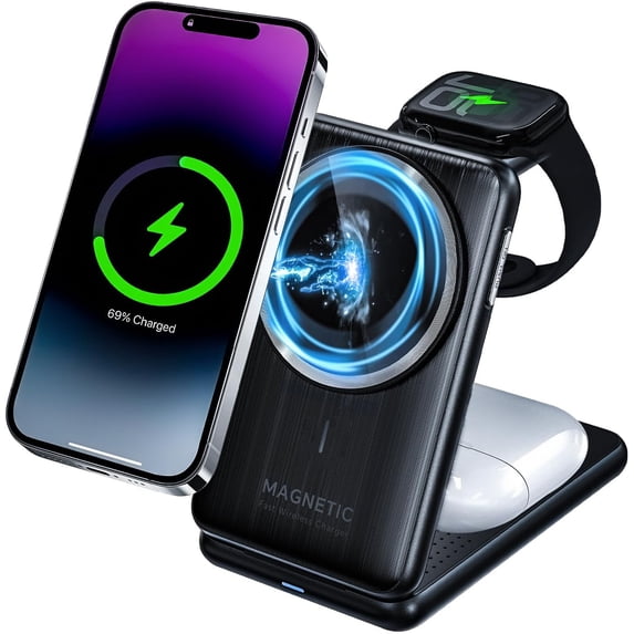 Upgraded 3-in-1 Magnetic Wireless Charger, Foldable Charging Station, Electromagnetic Induction Base,Compatible with MagSafe,Compatible with iPhone 12-17 Series, Apple Watch, and AirPods