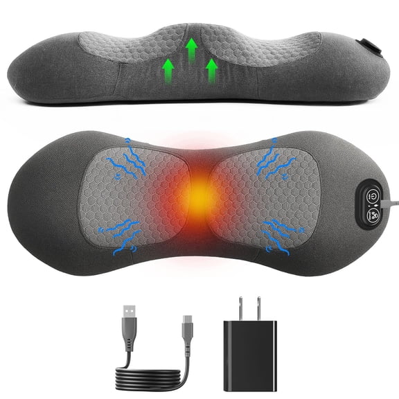 Upgraded 3-in-1 Portable Lumbar Pillow for Back Relief, Smooth Spine Triple Fusion Back Massager with Stretch, Vibration & Heat, Includes 5000mAh Power Bank for Deep Relaxation on Bed, Sofa & Car