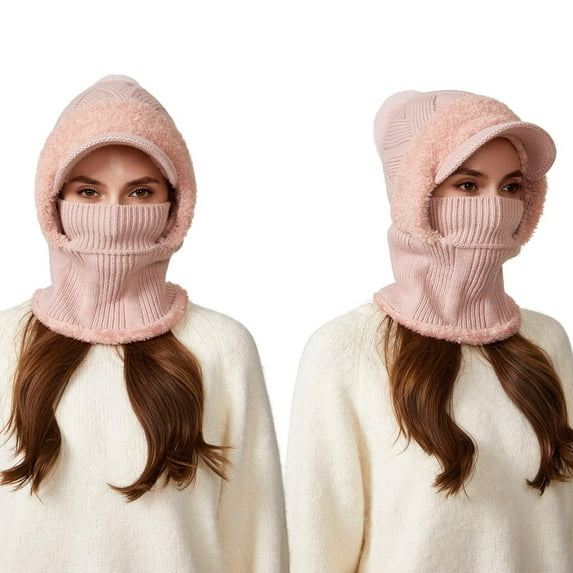 Upgraded 3-in-1 Winter Knit Hat Scarf Mask - Fleece Lined Pom Pom Visor One-Piece Headwear Windproof Warm Accessory for Women Outdoor Cold Weather Protection Stylish Cozy Design, E, 1pc