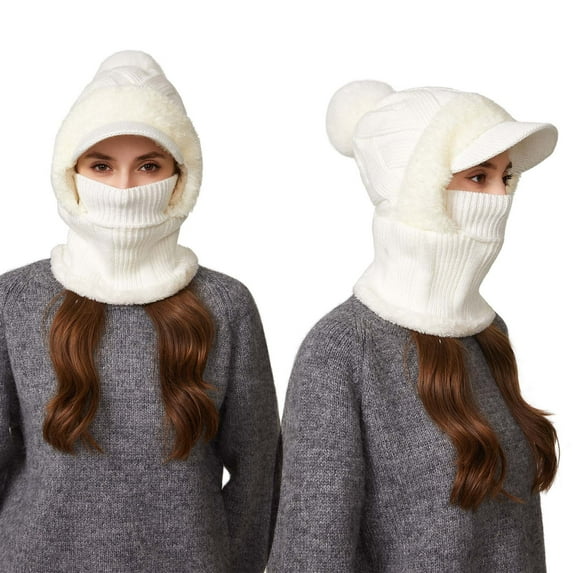 Upgraded 3-in-1 Winter Knit Hat Scarf Mask - Fleece Lined Pom Pom Visor One-Piece Headwear Windproof Warm Accessory for Women Outdoor Cold Weather Protection Stylish Cozy Design, B, 1pc