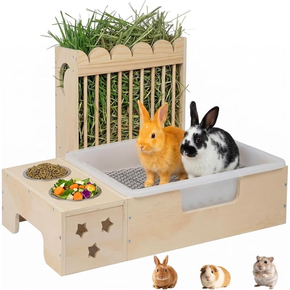 Upgraded 3-in-1 Wooden  Hay Feeder and Litter Box Combo | , Mess-Proof Hay Rack, Easy Clean, Stainless Steel Bowls, Small  Feeding Station