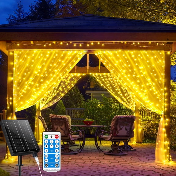 Upgraded 330LED Solar Curtain Lights, 8 Modes Dimmable Colorful Fairy Lights, Waterproof Energy Saving for Patio Gazebo Wedding Party Festival Decor