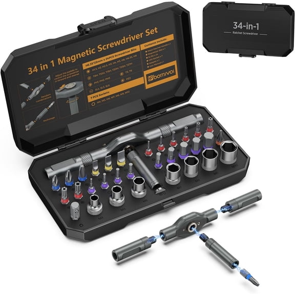 Upgraded 34 in 1 Set, Professional Ratchet Socket Set with 24 Color-Ring Bits & 7 Sockets, High Torque Hand Tool for Valentine's Day Gifts , Outdoor, Repair