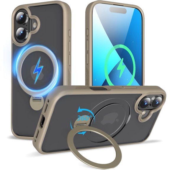 Upgraded 360 Rotatable Magnetic Ring Stand for iPhone 16 Case 6.1'',Military Drop Protection,Compatible with MagSafe,Matte Translucent Case for iPhone 16 Phone Case,Desert Titanium