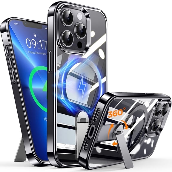 JETeacka Magnetic for iPhone 13 Pro Max Case Upgraded 360° Rotatable Invisible Kickstand Military Drop Protection Shockproof Non-Yellowing Clear Black