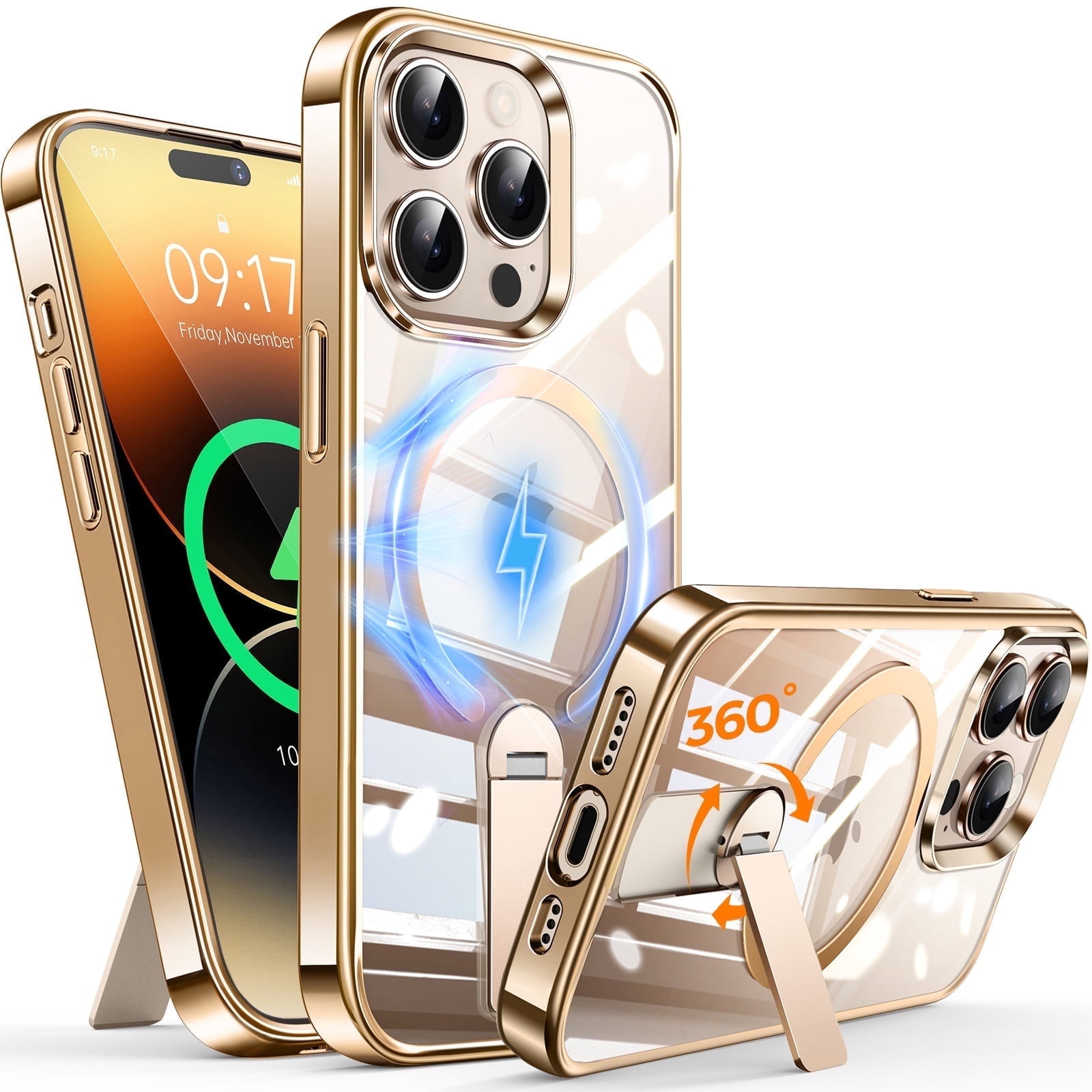 JETeacka Magnetic for iPhone 14 Pro Max Case Upgraded 360° Rotatable Invisible Kickstand Compatible with Mag-Safe Military Drop Protection Shockproof Non-Yellowing Clear Gold